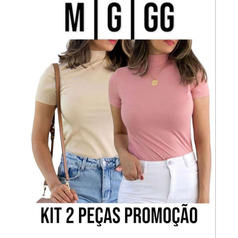 Kit 2 Blusa Canelada Gola Alta Manga Curta Moda Feminina em Oferta na Shopee