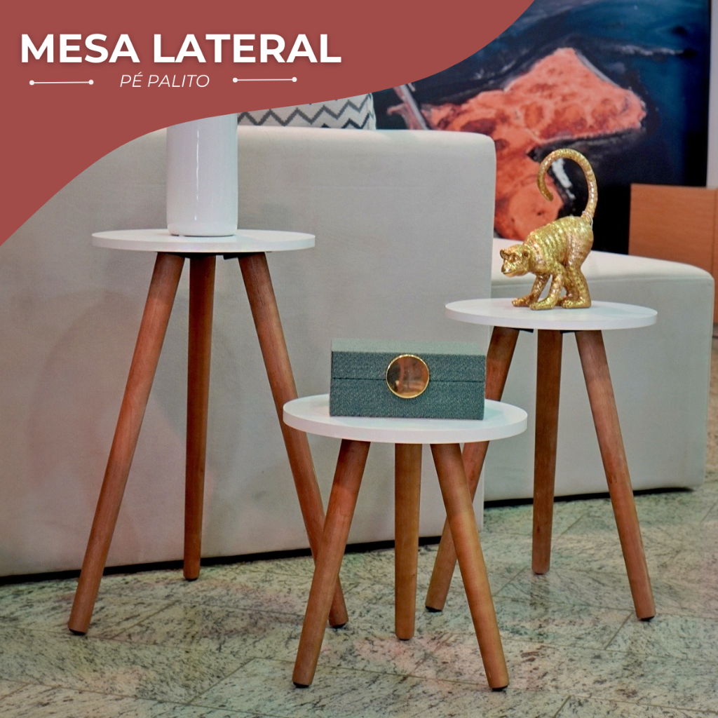 Kit Trio Jogo de Mesinhas Lateral Redondas Sala Pé Palito Retro casa
