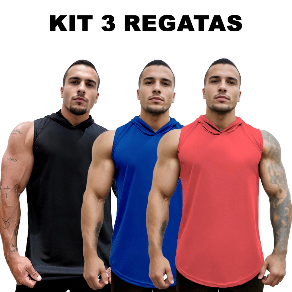 Kit 3 Regatas Preto + Azul Royal + Cores Dry Masculina Long com Capuz Básica Lisa Sem Estampa