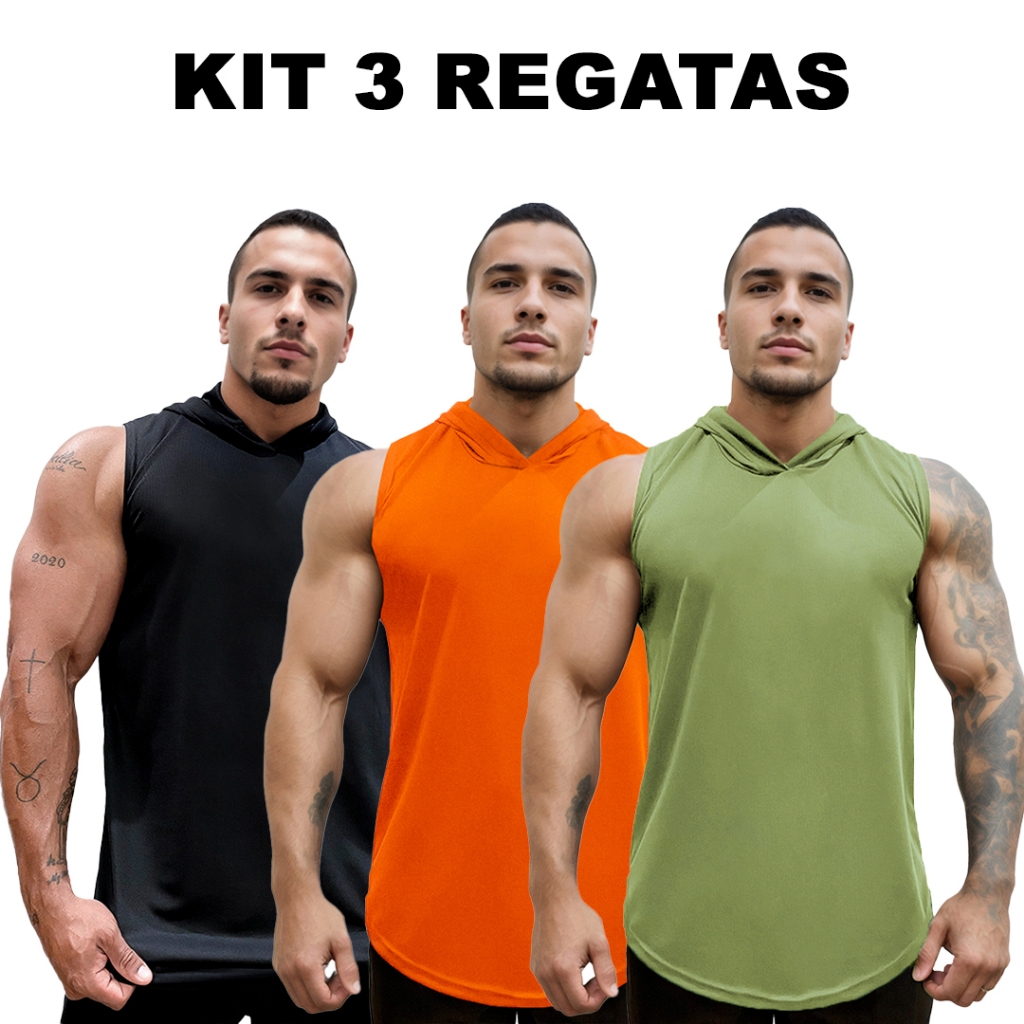 Kit 3 Regatas Preto + Laranja + Cores Dry Masculina Long com Capuz Básica Lisa Sem Estampa