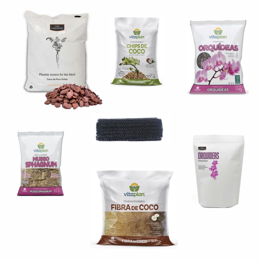 Kit para Orquidea Substrato Casca de Pinus Musgo Esfagno Fibra de Coco Chips de coco  Fertilizante