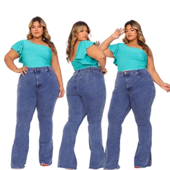 Calça Jeans Feminino Plus Size Marmorizada Cintura Alta Com Lycra Strech Elastano Premium- Curve