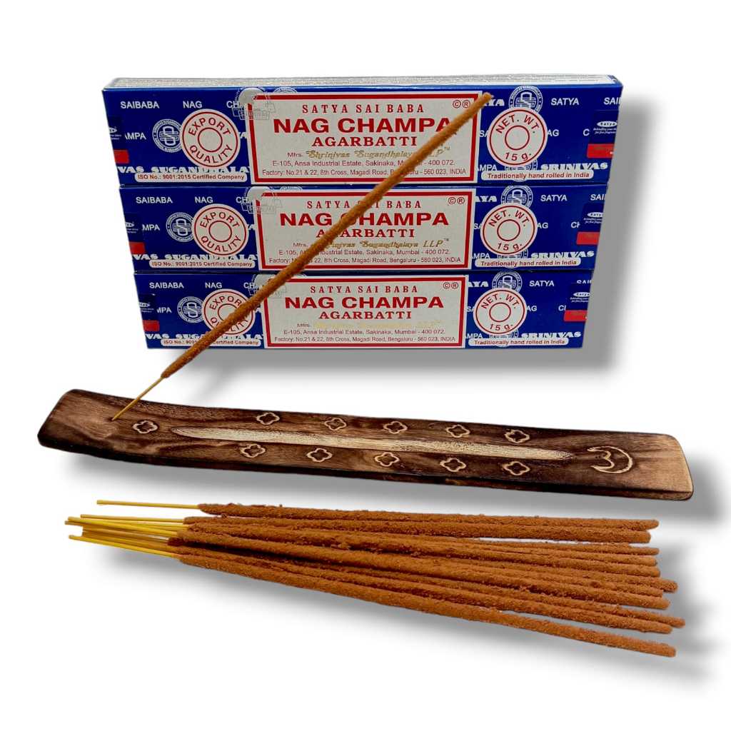 Kit 3 Incensos Satya Massala Nag Champa Sai Baba + Incensário Madeira em Oferta na Shopee