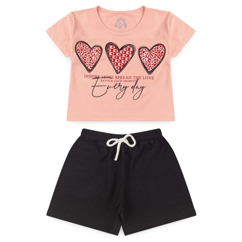 Conjunto Infantil Menina Cropped Meia Malha 100% Algodão + Shorts Moletinho Verão Conjunto Feminino Infantil Coração