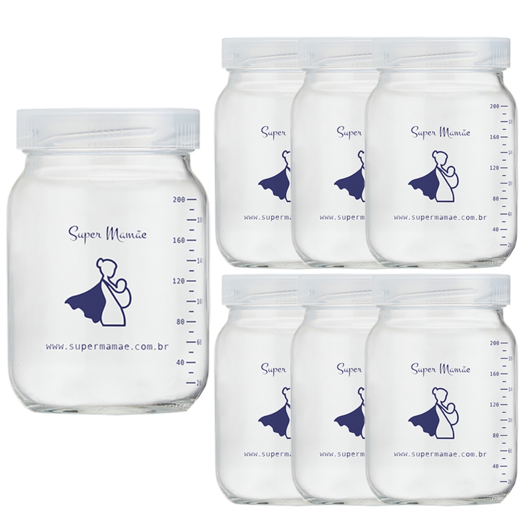 Kit com 7 Potes de Vidro para Armazenar Leite Materno 200ml Com Graduação