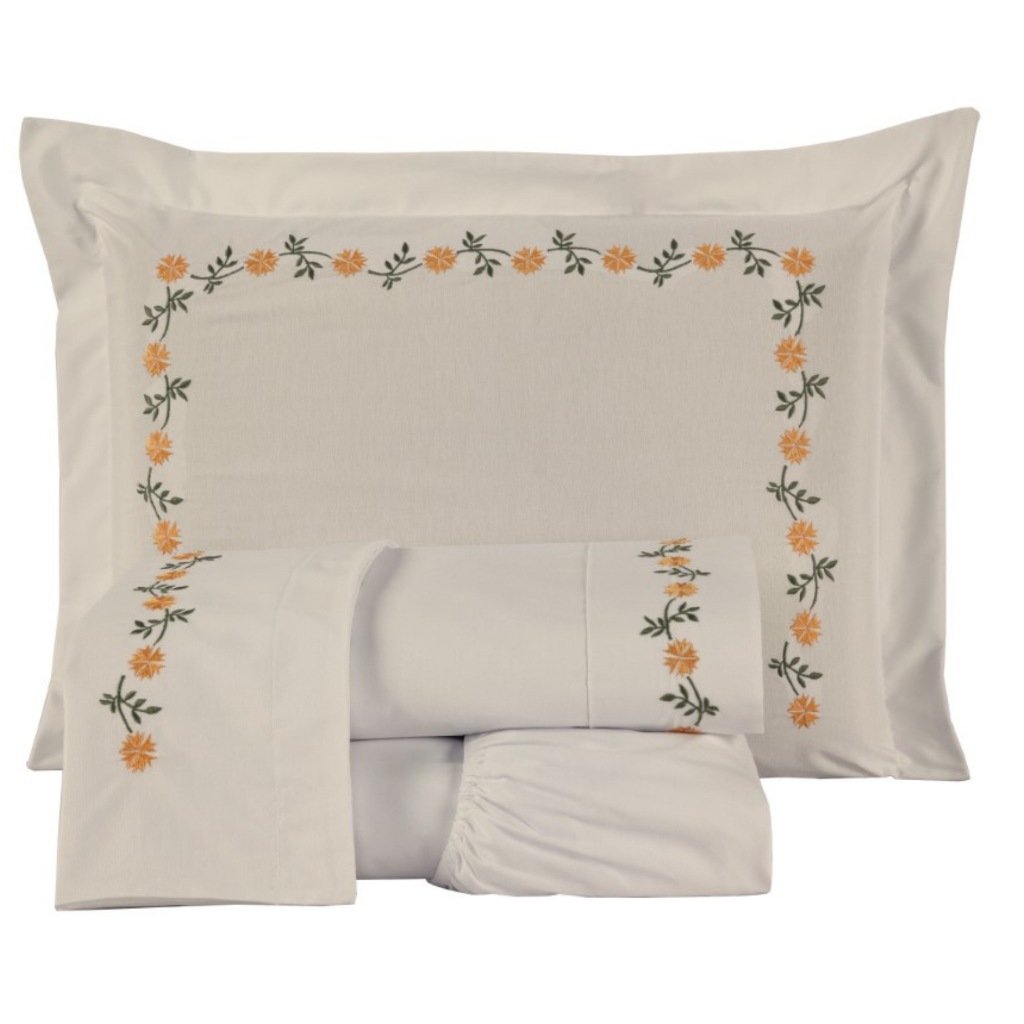 Jogo de Cama Queen 100% Algodão Bordado Percal 04 Peças Margarida Jogo de Lençol Queen Size Algodao