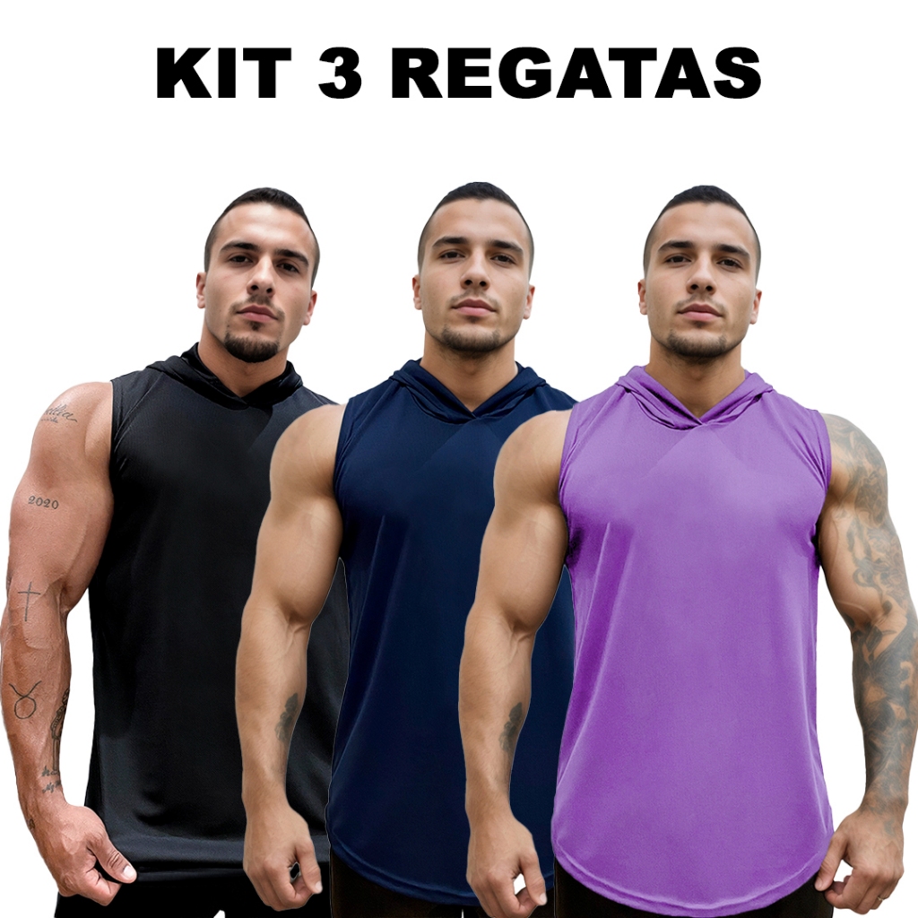 Kit 3 Regatas Preto + Marinho + Cores Dry Masculina Long com Capuz Básica Lisa Sem Estampa