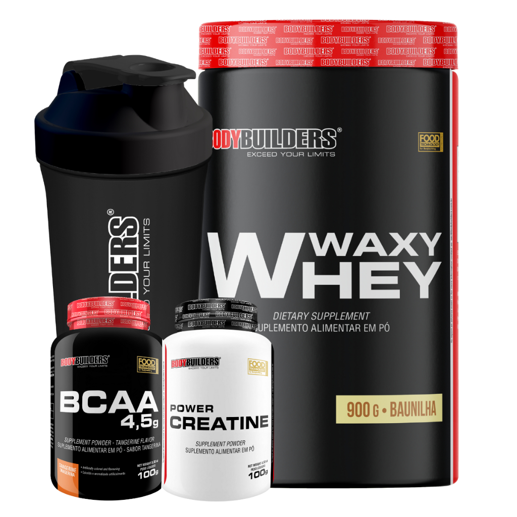 Kit Whey Protein Waxy Whey 900g + Bcaa 100g + Creatina Power 100g + Coque - Para aumento de Massa Muscular Bodybuilders