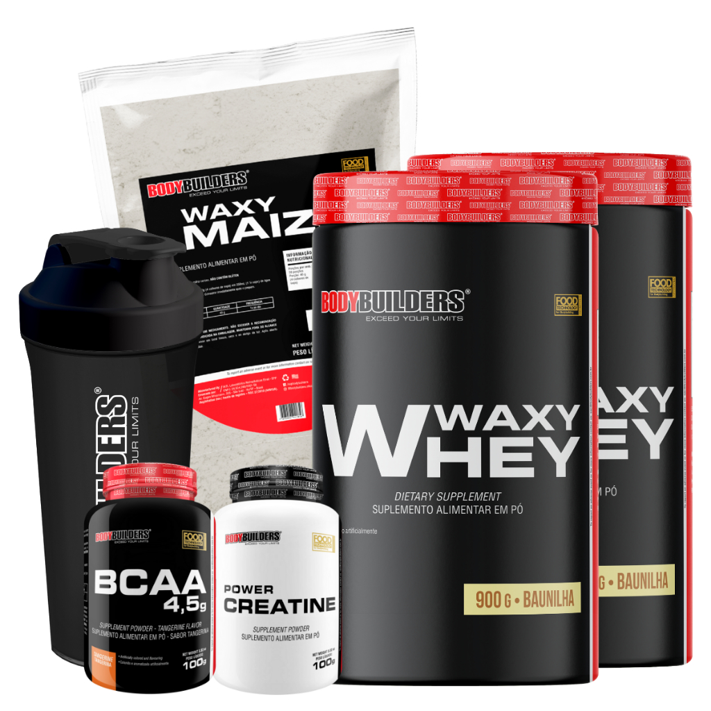 Kit 2x Waxy Whey Protein 900g + BCAA 100g + Creatina 100g + Waxy Maize 800g + Coque - Bodybuilders