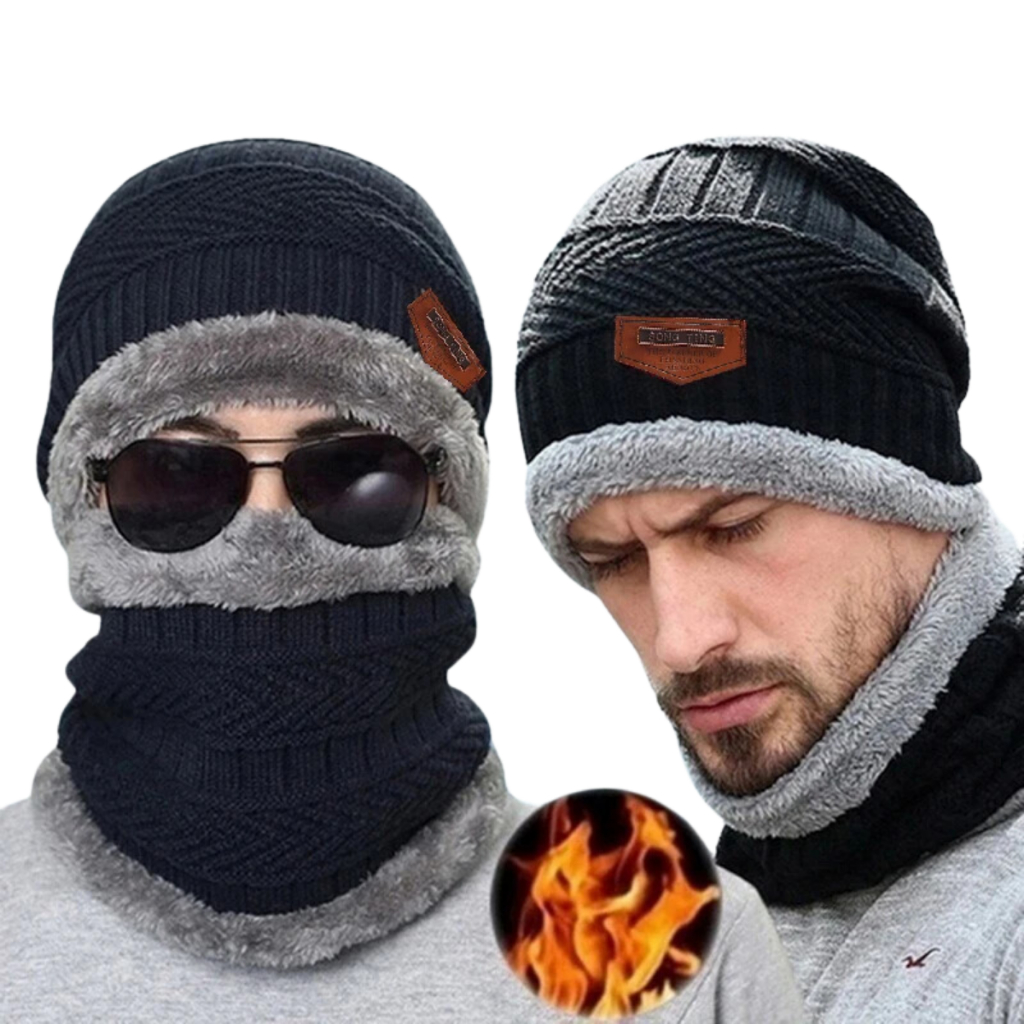 Conjunto Touca Gorro e Cachecol Flexível Moda Inverno Masculino e Feminino Lã Forrada