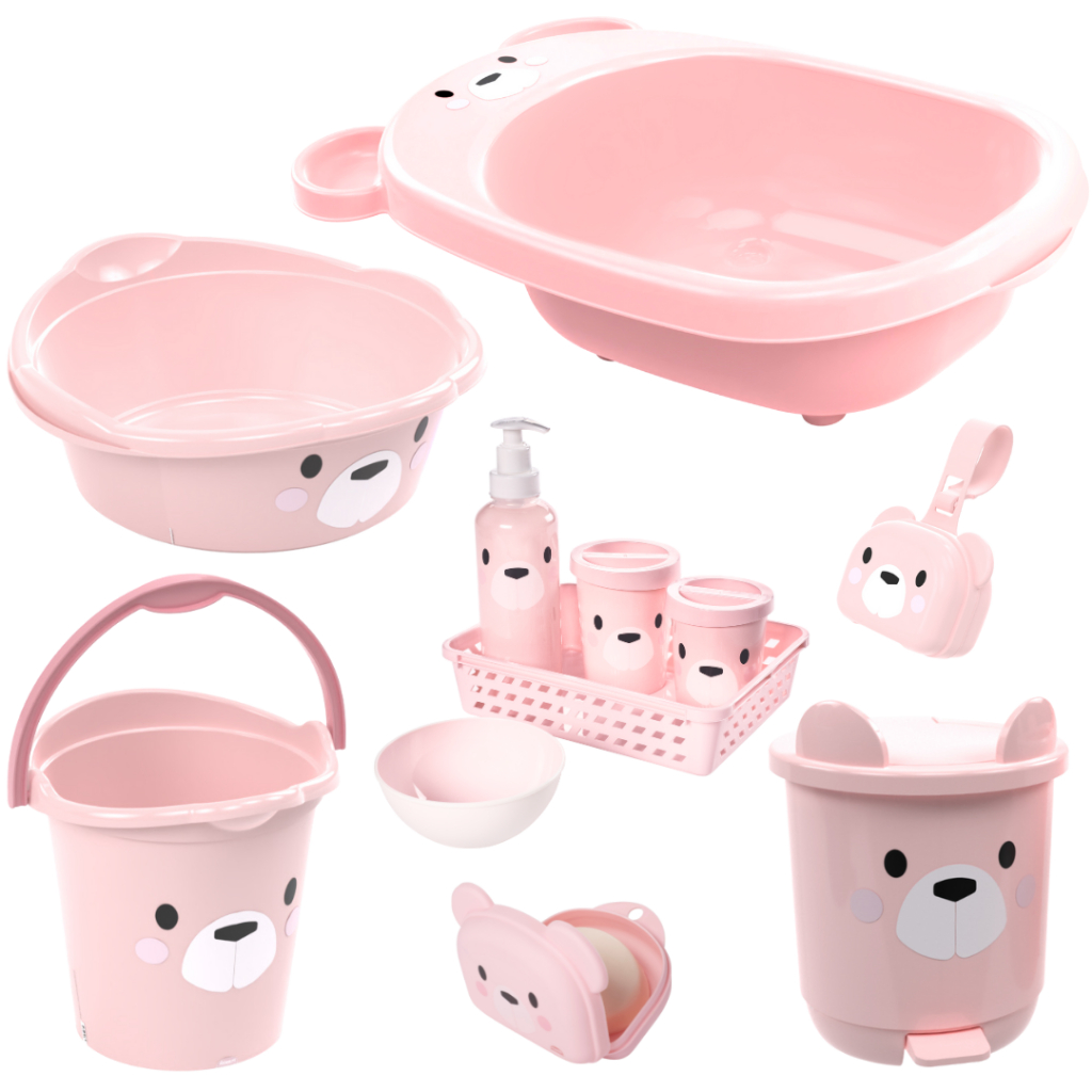 KIT BANHEIRA DE BEBÊ DECORADA LUDICA PLASUTIL + KIT HIGIENE URSO 5 PEÇAS + BACIA LIXEIRA BALDE SABONETEIRA PORTA CHUPETA