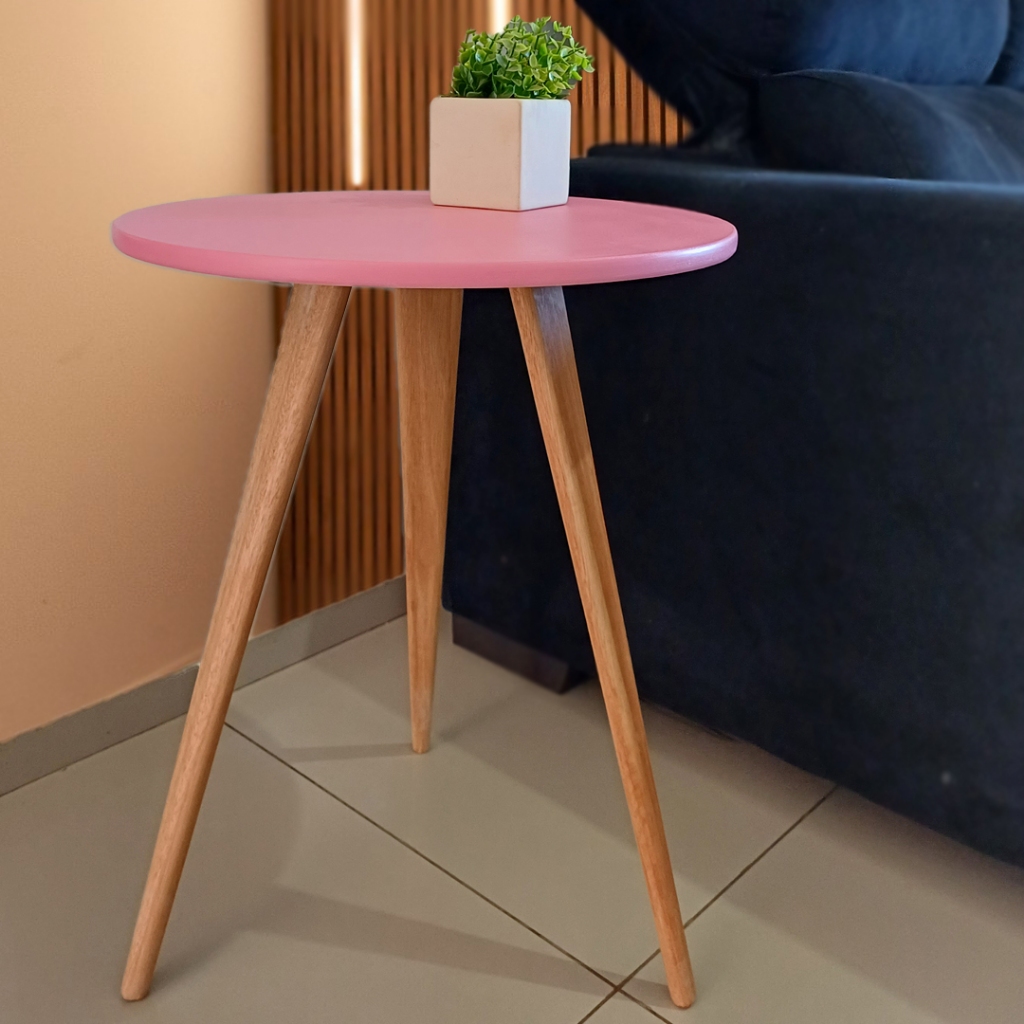 Mesa de Apoio E Centro Lateral Retrô Redonda com Pés Palito Decoração - Rosa