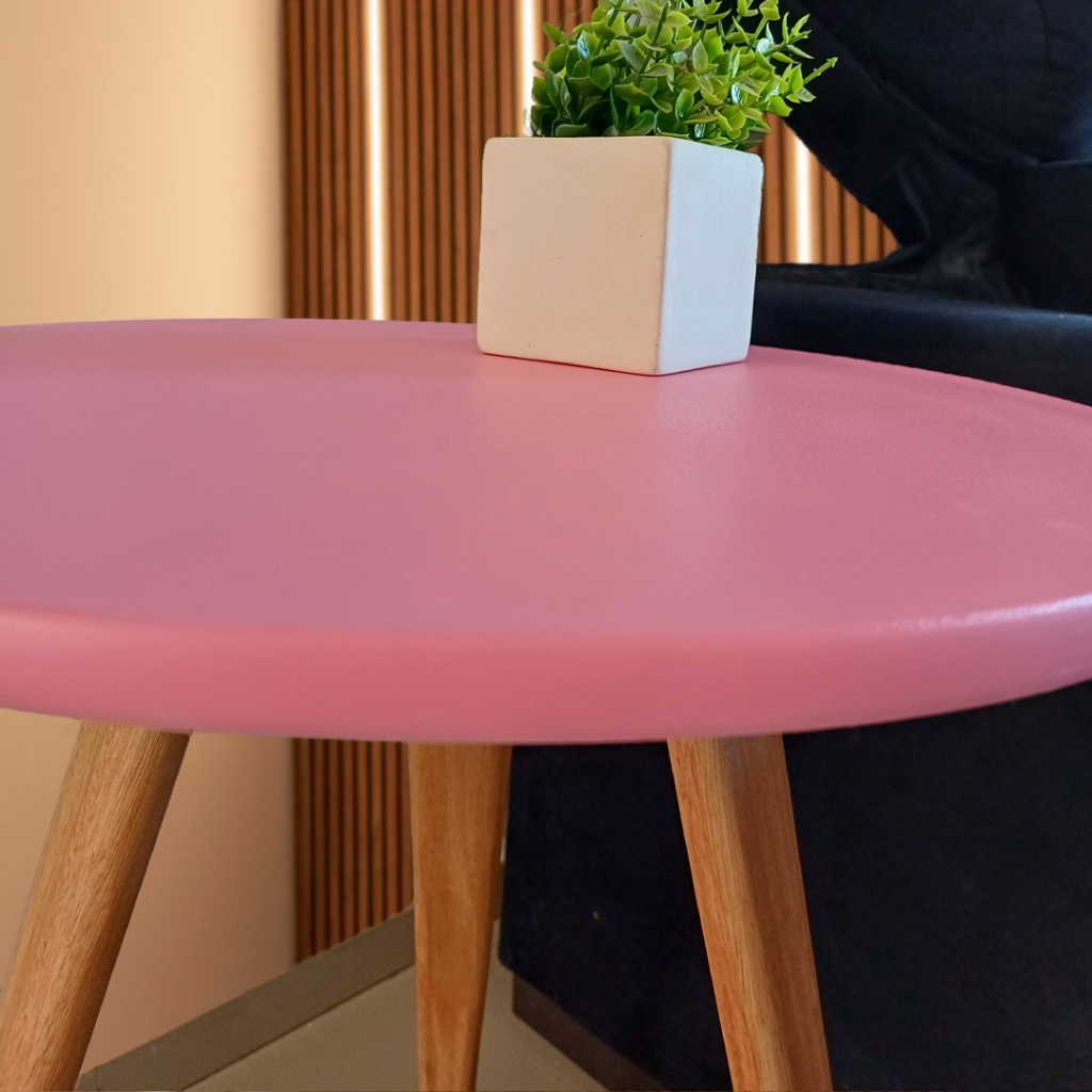 Mesa de Apoio E Centro Lateral Retrô Redonda com Pés Palito Decoração - Rosa