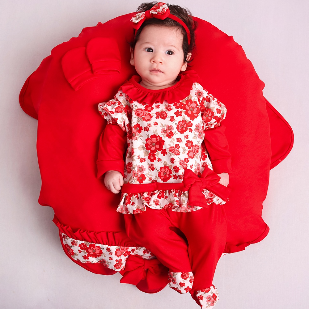 Kit Saída de Maternidade Aurora para Bebe Menina, macacão manga longa florido em malha de tricoline