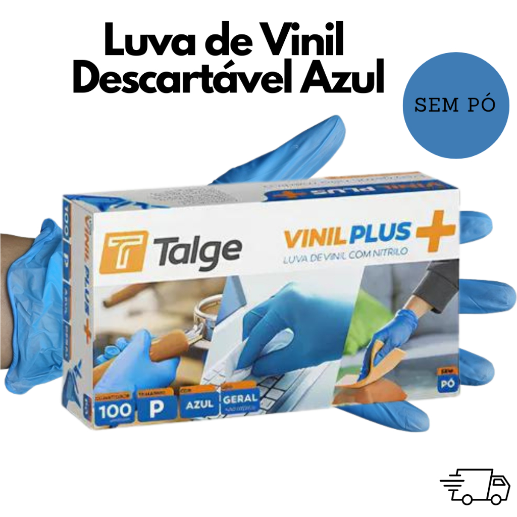 Luva de Vinil Descartável Sem Pó Azul Resistente 100 Unidades
