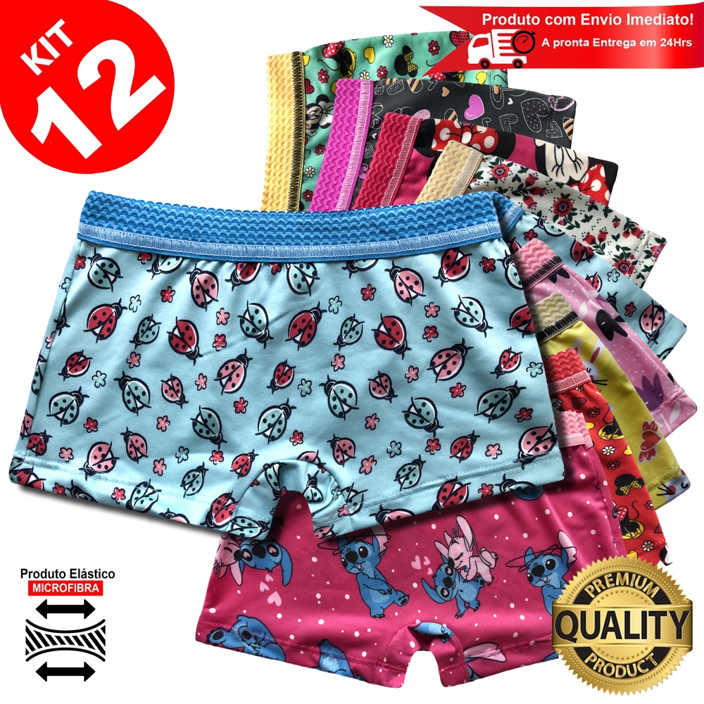 Kit 12 Calcinhas Shortinho Infantil Box Menina Microfibra Estampada