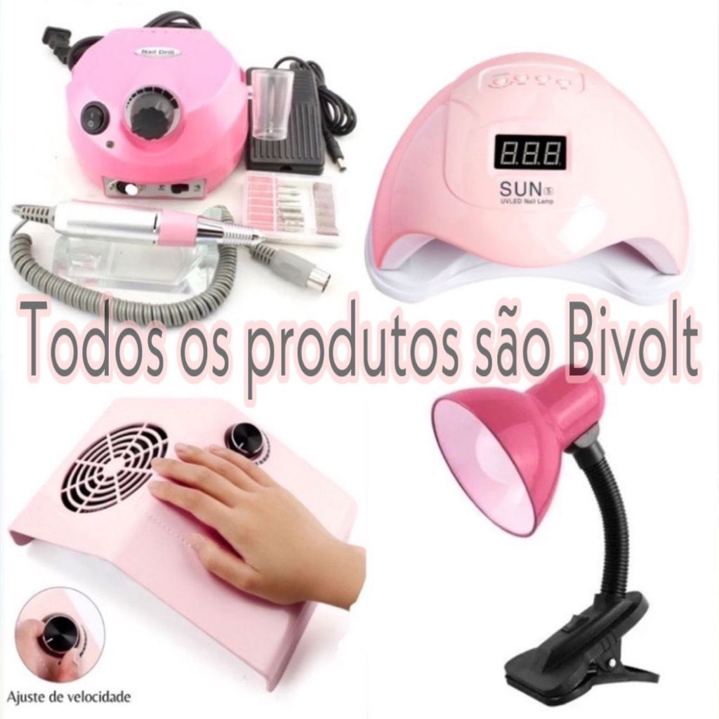 Kit  Profissional Cabine Sun 24 Leds Uv 48w Bivolt Unha Gel Acrigel Porcelana + Motor Porquinho Lixa Lixadeira de Unhas Elétrica + Coletor Sugador Aspirador de pó + Luminaria de Mesa Ótima Qualidade  Manicure