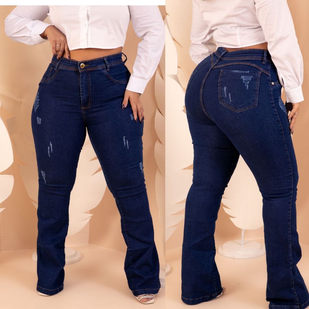 calça plus size flare jeans alta elasticidade cintura alta modela bumbum qualidade top em Oferta na Shopee
