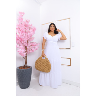 Vestido Longo femenino Vestido forrado com bojo detalhes de botões manga curta veste  38-44 em Oferta na Shopee