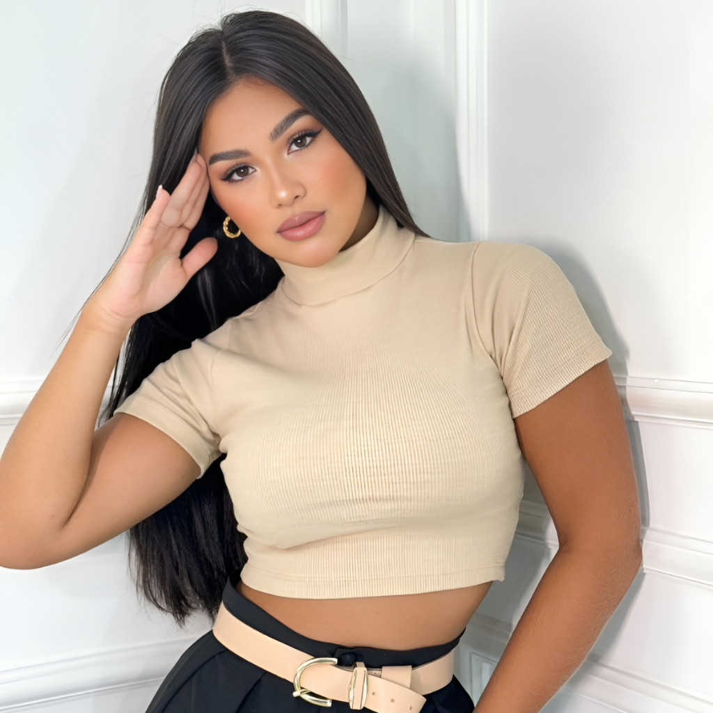 Cropped Canelado Feminino Gola Alta Manga Curta Basico Liso