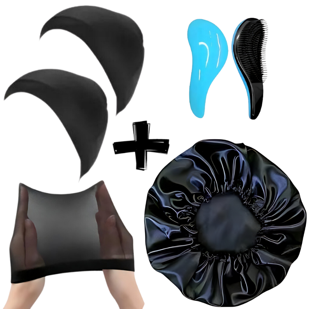 Kit Day After touca de Cetim 2 Touca Nero wig cap Escova Magica