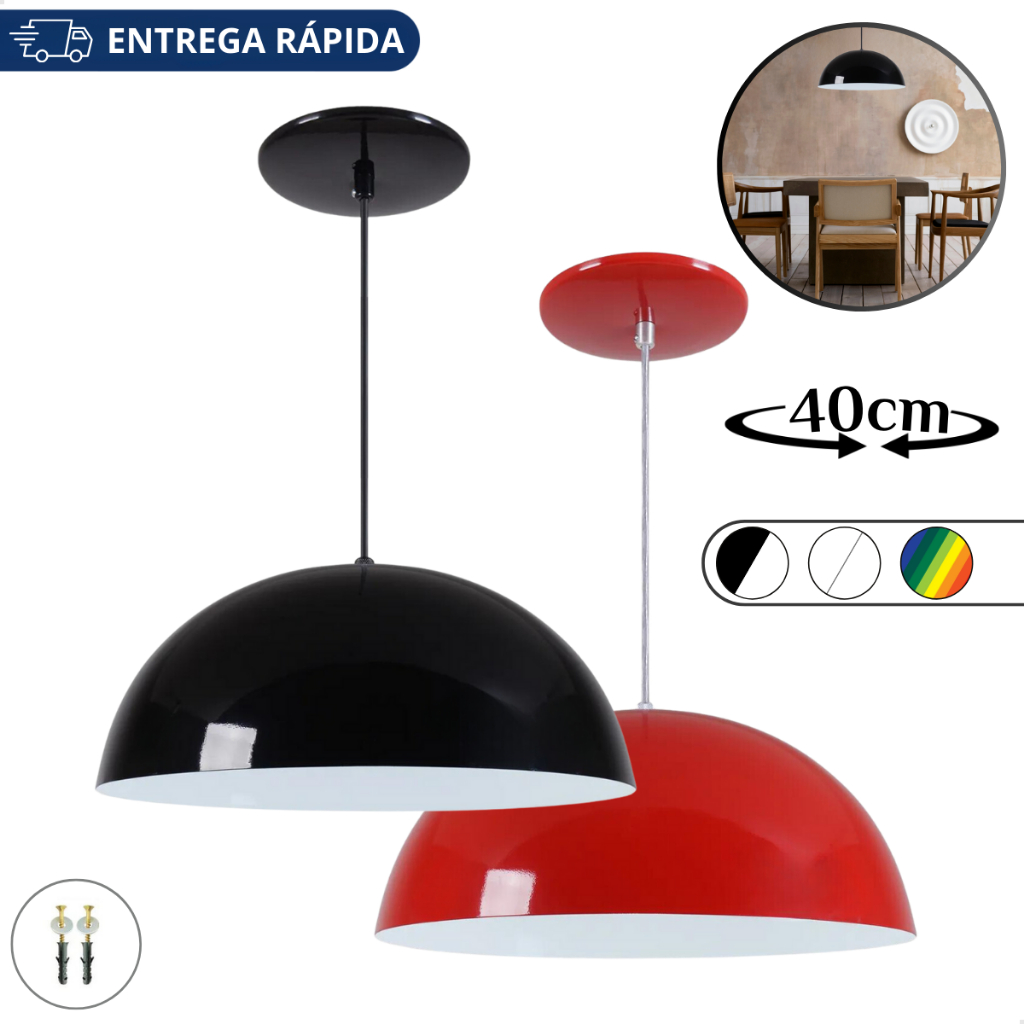 Luminária Lustre Pendente Meia Lua 40cm em Alumínio De Teto Preto Iluminação Balcão Cozinha 110/220v em Oferta na Shopee