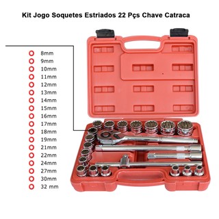 Jogo Soquetes Estriado Catraca 1/2 8 A 32mm 22 PEÇAS