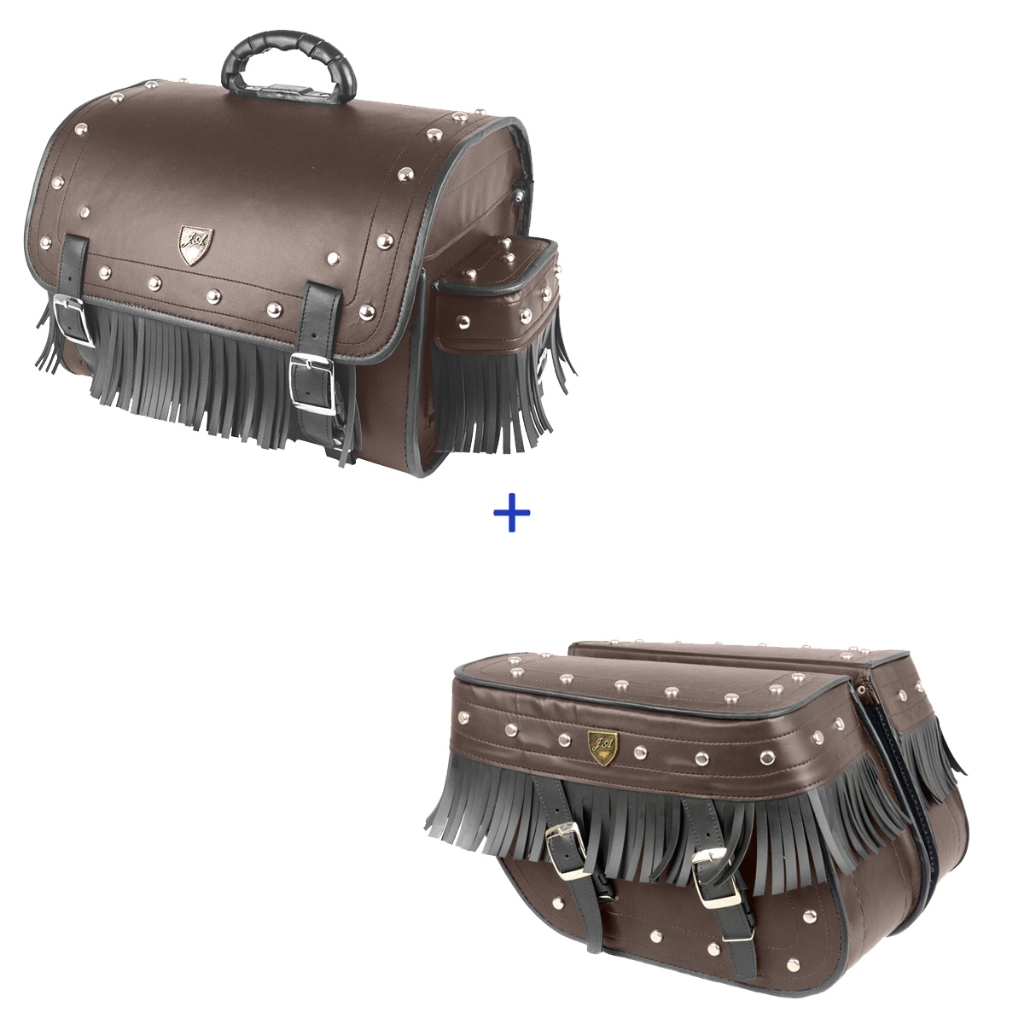 kit de alforge 32 litros marron cravo franjas + bolsa traseira 35 litros marron cravo franjas ssssss