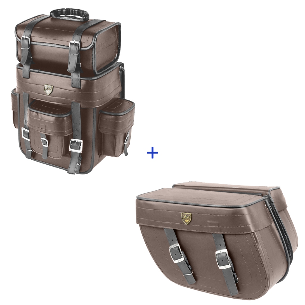 kit de alforge 32 litros marron liso + bolsa traseira 32 litros marron liso para motos acima de 50 c
