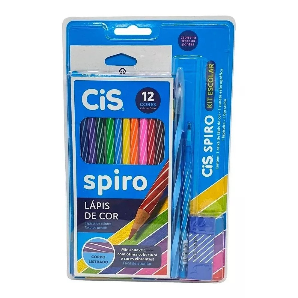 Kit Escolar Azul Cis Spiro Lápis Cor Caneta Lapiseira Borracha 15 itens