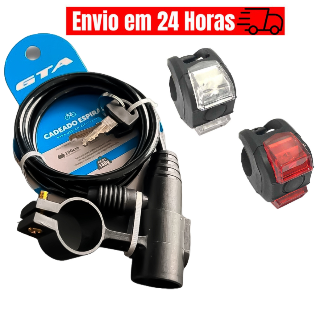 Cadeado Bicicleta Bike 1 metro x 6mm anti furto + Par Sinalizador Led Silicone Pisca