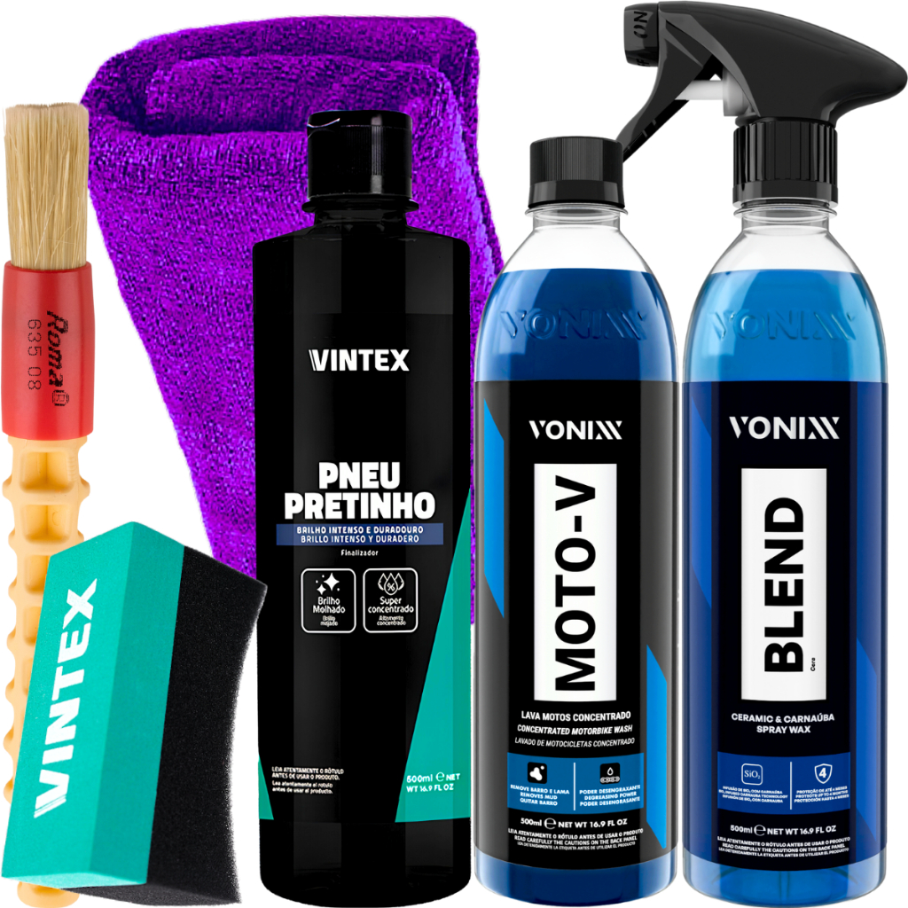 Kit Desengraxante Moto-V Shampoo Cera Blend Spray Pneu Pretinho 500ml Vonixx