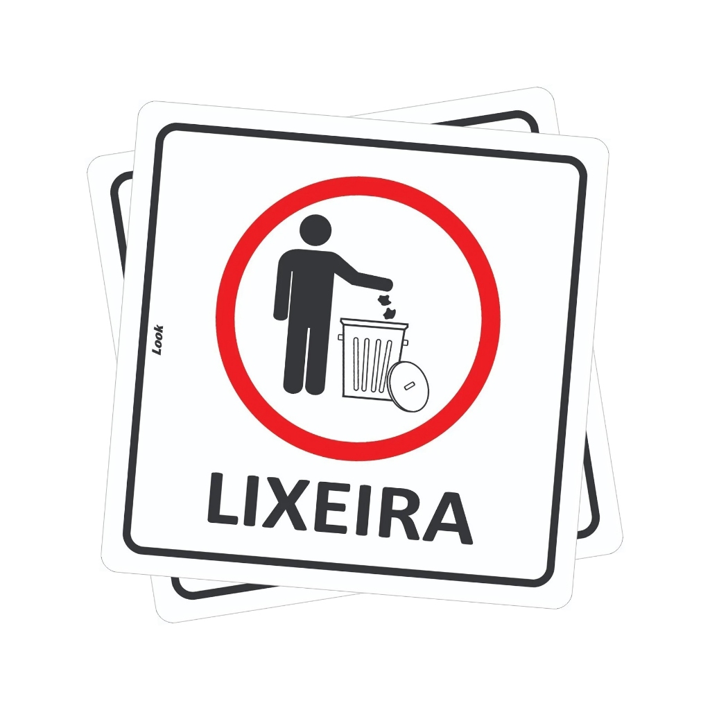 Kit 2 Placas Sinalização Lixo Lixeira Indicação Pessoas Jogarem Sujeira No Cesto Resíduos 15x15cm PS