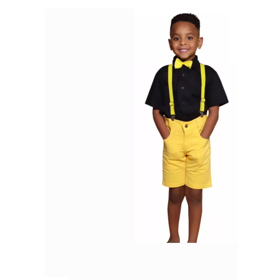 Roupa Menino Infantil Camisa Manga Curta Preto Bermuda Color Amarelo Suspensório e Gravata Amarelo
