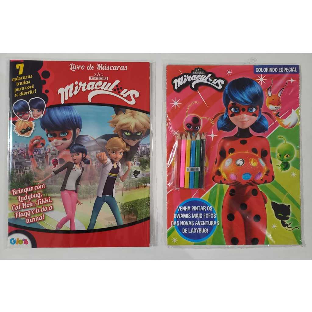 Kit REVISTA COLORIR MIRACULOUS 6 Lápis de Cor e LIVRO DAS MÁSCARAS MIRACULOUS