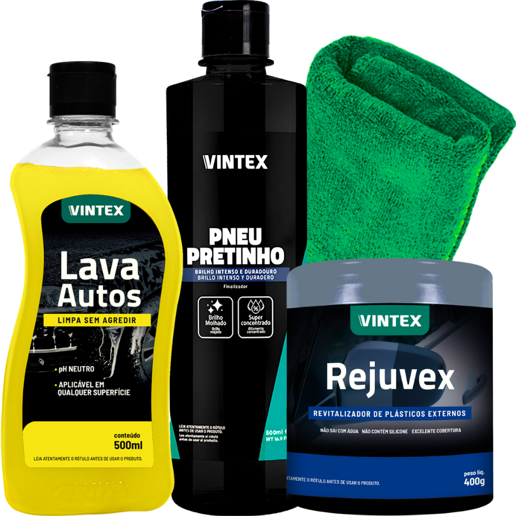 Pneu Pretinho Brilhante + Lava Autos 500ml + Rejuvex 400g + Pano de Microfibra 40x40cm em Oferta na Shopee