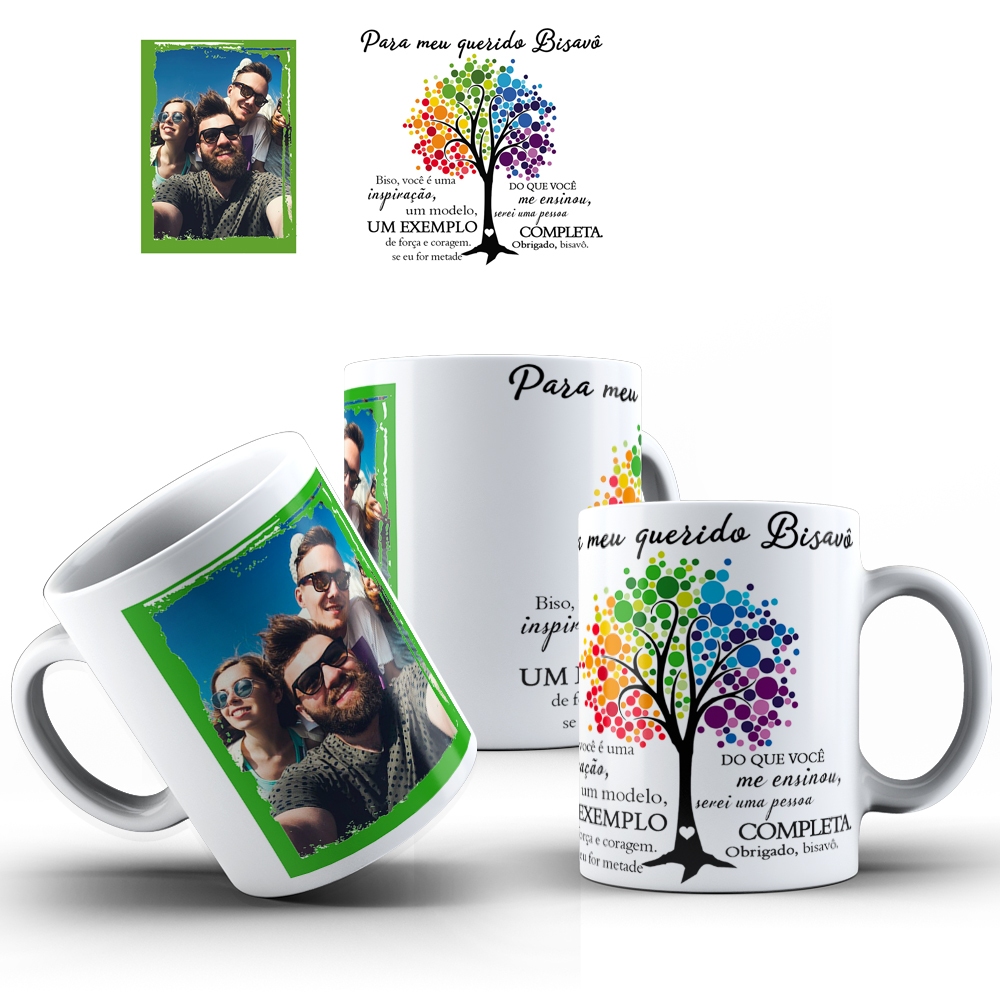 Caneca Árvore Familia Bisa Obrigado e Obrigada -  Bisavô Brigado e Obrigada Opção Foto + Caixinha