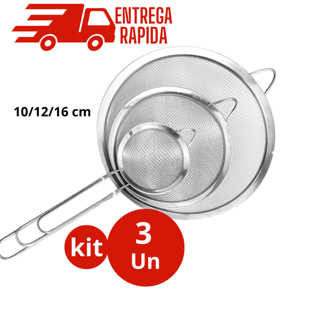 Kit 3 Peneira Coador  Peneiras de Aço Inoxidável Premium Reforçada Para Cozinha Peneira De Cozinha em Oferta na Shopee