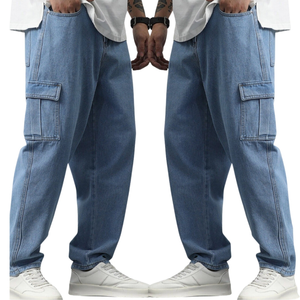 CALÇA CARGO JEANS E SARJA MASCULINA LARGA, CASUAL, SKATE COM 6 BOLSOS E FECHAMENTO CORDÃO MODA UNISSEX