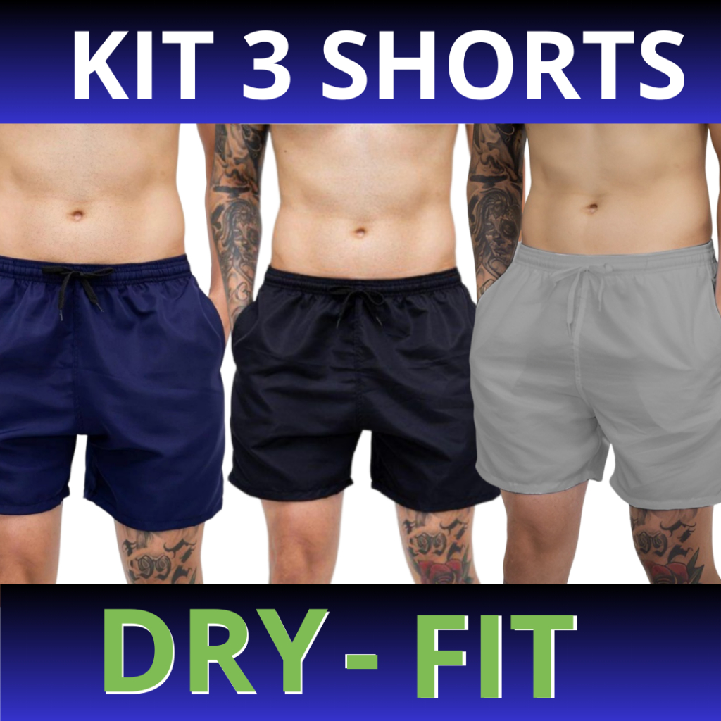 3 Shorts Academia Dry Fit Masculino Esporte Bermuda Dri Fit Básica Fitness Elástico Corrida Tactel