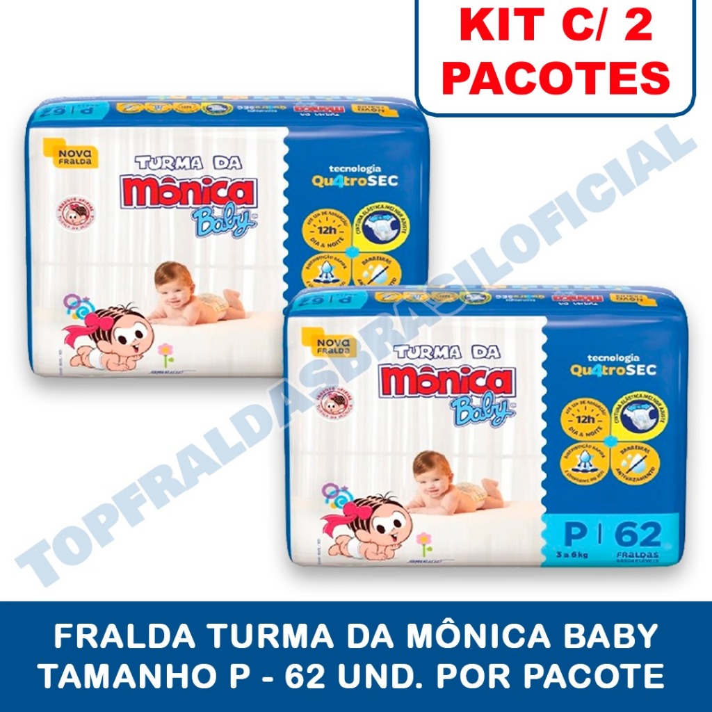 Kit 2ptes Fralda Turma da Mônica Baby P 3-5kg 62un cada