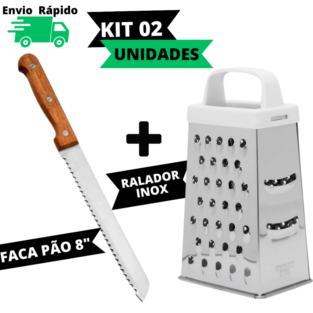 Faca Pão 8"+ Ralador De Aço Inox 22 cm De 4 Faces De Corte Para Ralar Fatiar Alimentos Legumes Cabo Plástico Fatiador De Qualidade Resistente Faca Pão 8" Com Serra Cabo de Madeira em Aço Inox Serrilhada Para Pães Bolos Tortas Para Cozinha