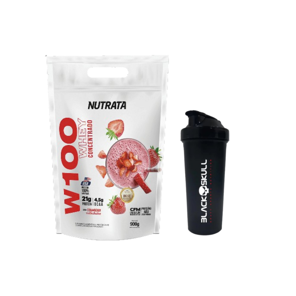 Kit 1x W100 Nutrata Refil 900g + 1x Coqueteleira Preta BlackSkull 600ml