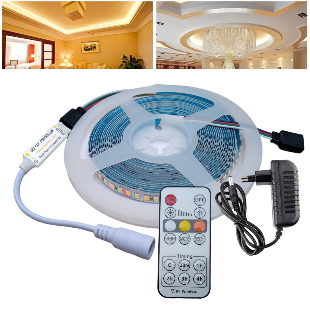 Fita De Led 3528 Com 3 Cores De Luz (Frio, Quente e Morno) 5M De 12V Com Controle Remoto E Fonte