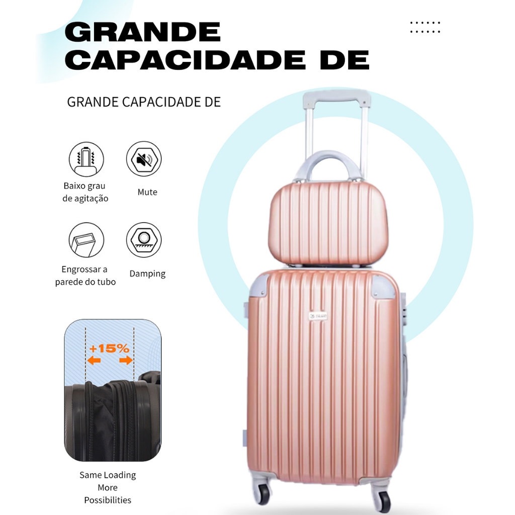 Imagem Mala De Bordo +frasqueira  kit  8kg 9kg 10 kg Viagem jia   Rodinhas 360°modelos Cores  Rosa ouro  rodinha duplo