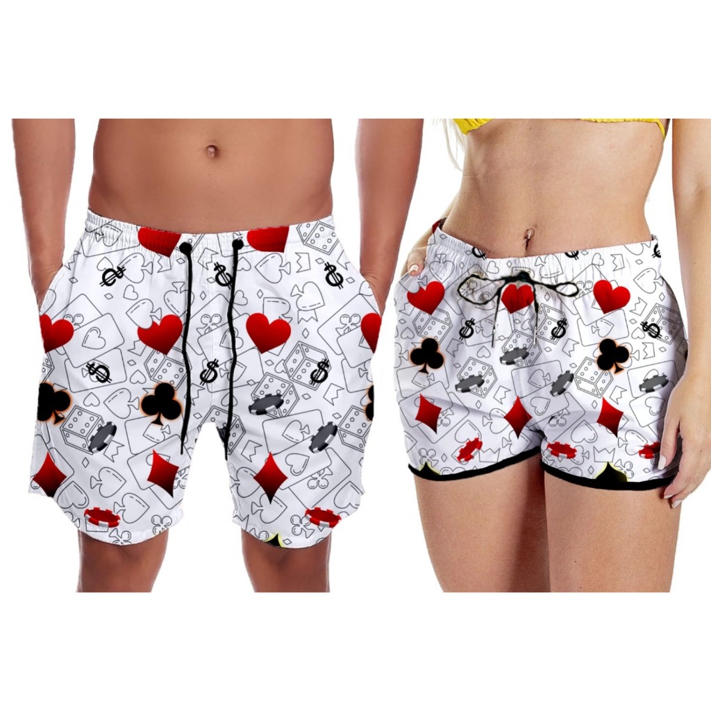 kit conjunto casal short Bermuda namorados moda praia baralho premium.