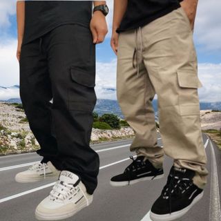 Calças Cargo masculino Roupas Masculinas elegante 6 Bolsos skate Larga Fechamento Cordão