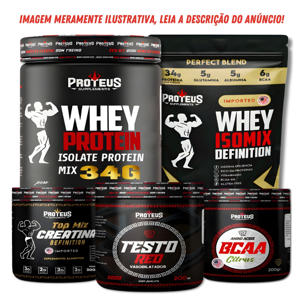 Kit Suplemento em pó Proteico 1kg + Creatina 300g + Pré Treino  + Bcaa  - Extra pump Bodybuilder