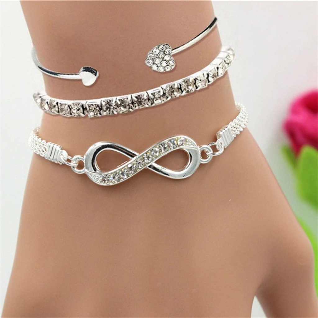 Kit 3 Pulseiras Strass Bracelete de Coração e Pulseira Infinito Feminino Prata 925 E Banhada a 18k em Oferta na Shopee