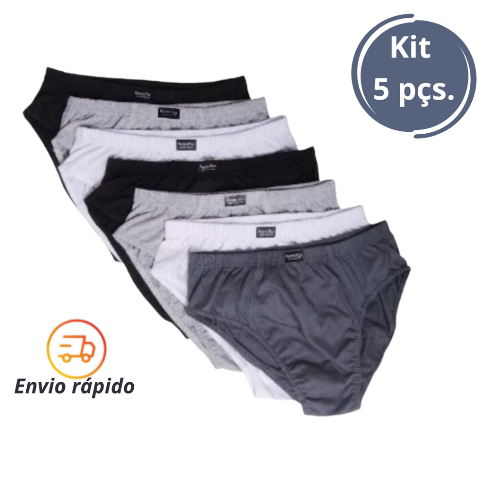 Kit com 5 Cuecas Adulto Básica Modelo tradicional comum - SLIP 100% Algodão